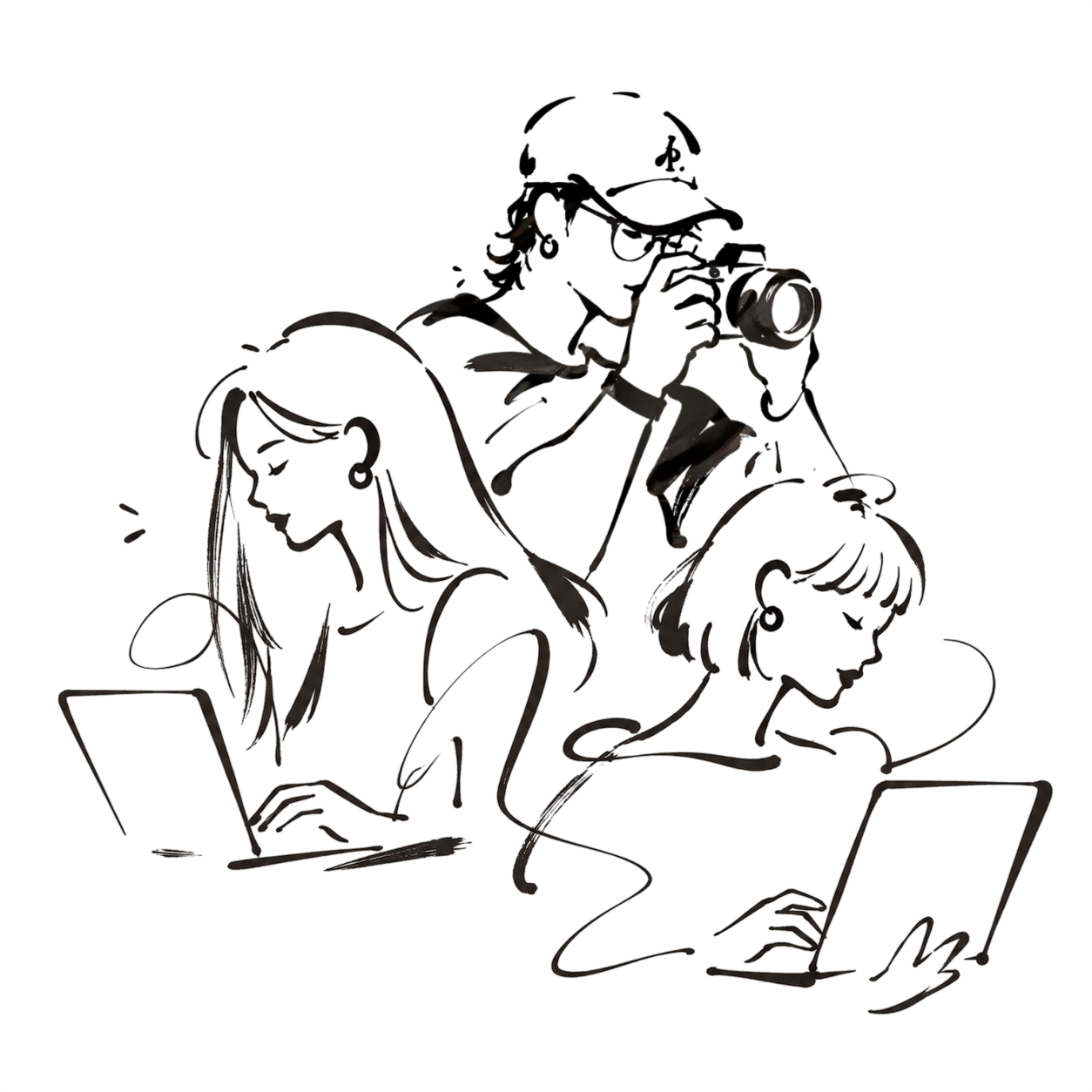 Hand-drawn illustration of the FUN PROJECT creative team collaborating across strategy, content and production
